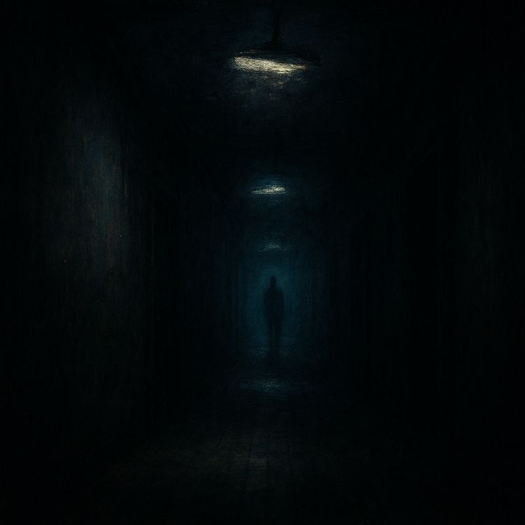 Pasillo oscuro con luces parpadeantes y una figura borrosa al fondo, evocando la sensación de jindama