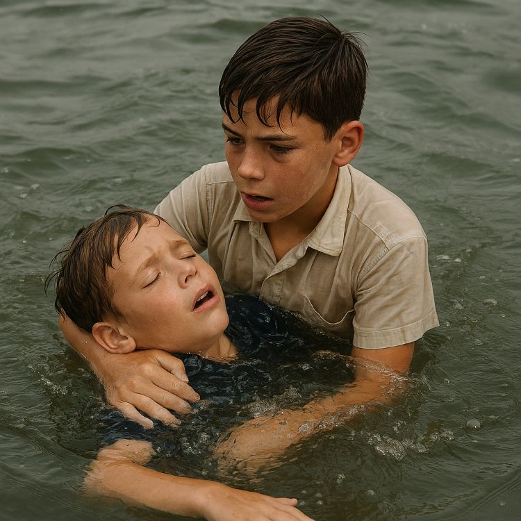 José Luis García rescatando a otro niño en aguas agitadas (imagen ficticia)