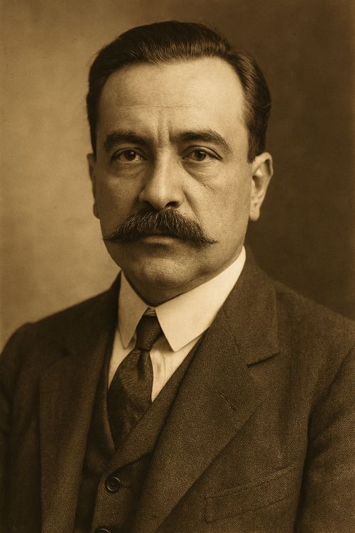 Retrato realista de José Vasconcelos, con traje formal, expresión seria y fondo neutro en tonos sepia