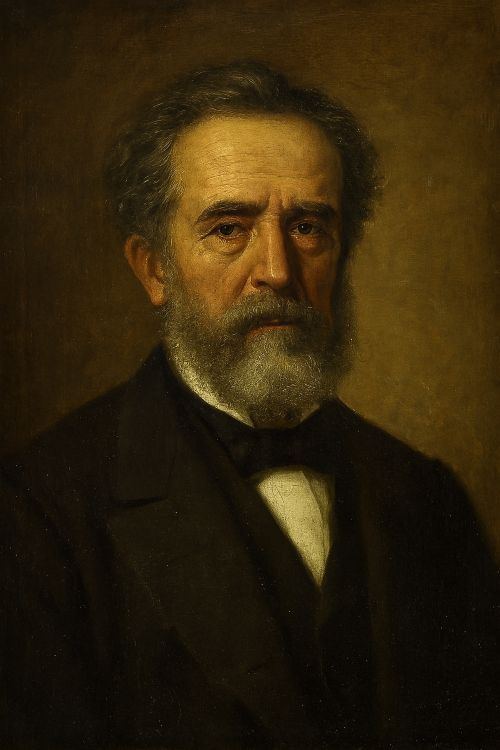 Retrato pictórico de José de la Revilla, hombre de rostro serio, barba gris y levita oscura, sobre fondo sepia