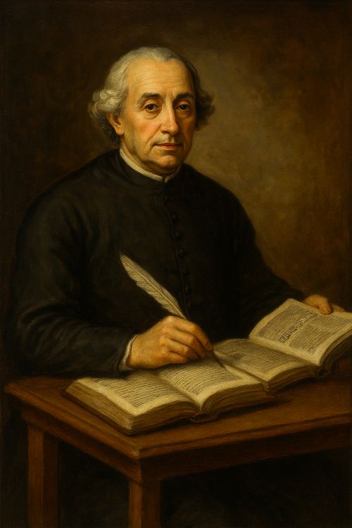 Retrato editorial de Juan Martínez de Salafranca, sacerdote ilustrado, escribiendo con pluma sobre un diario y un libro abierto