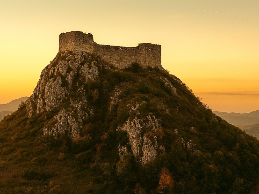 La cruzada albigense. Fortaleza de Montsegur al atardecer, sobre un peñón rocoso en el sur de Francia, rodeada de colinas y bañada por luz dorada