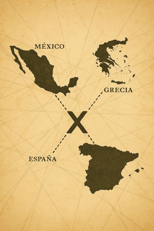 La equis. Mapa simbólico que conecta México, Grecia y España mediante rutas lingüísticas, con una “X” central como eje fonético