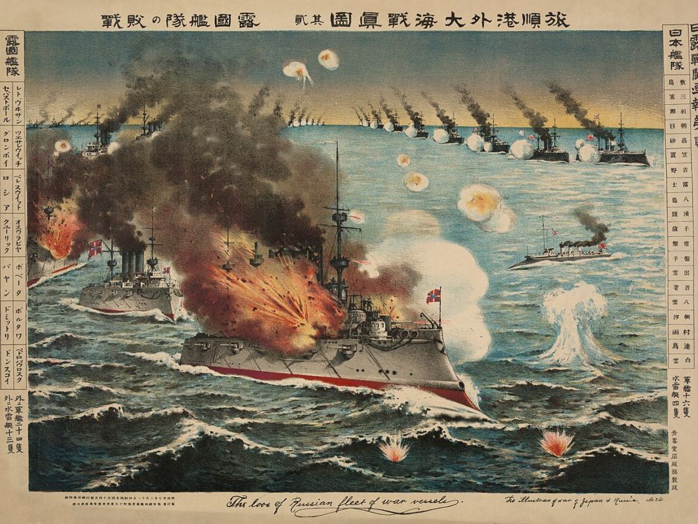 La flota de Rozhéstvenski. Grabado japonés de la batalla naval de Tsushima entre Rusia y Japón, mayo de 1905.