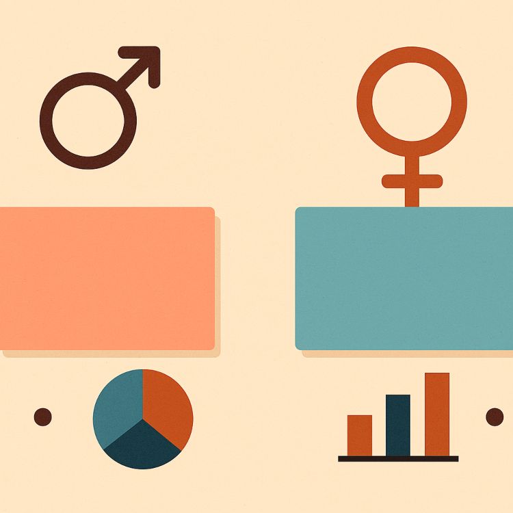 ¿El ratio o la ratio? Ilustración conceptual que representa el contraste entre género masculino y femenino mediante símbolos visuales y elementos gráficos abstractos