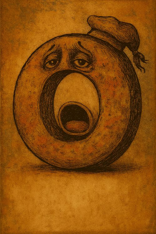 Caricatura de la redondo letra O con rostro cansado y boca abierta, oxidada y teatral, sobre fondo ocre envejecido. Imagen crítica de la redondez hueca y farsante