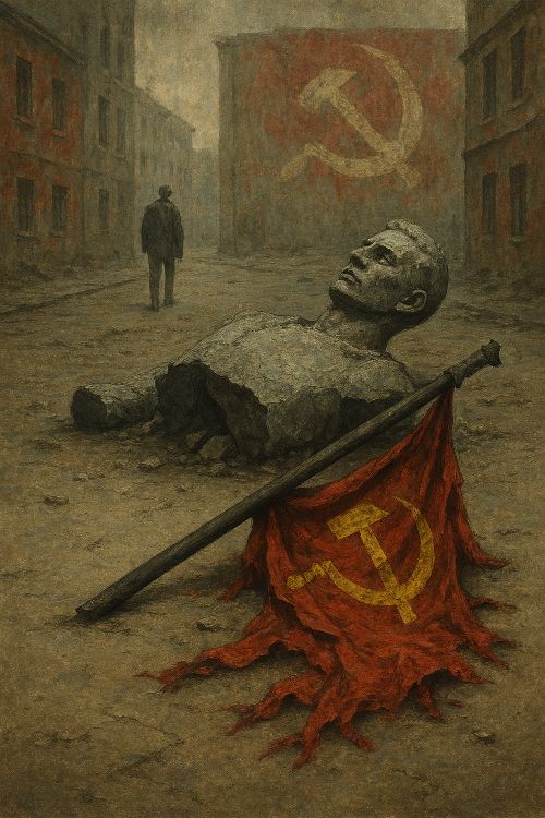 La traición de la utopía. Imagen conceptual de una estatua comunista derrumbada, una bandera roja rota con hoz y martillo y una figura humana alejándose por una calle desolada con murales comunistas desgastados