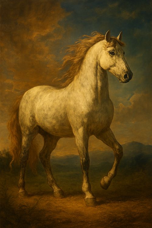 Pintura al óleo de Lampo, caballo gris moteado, de porte majestuoso, en un paisaje natural iluminado por la luz dorada del atardecer