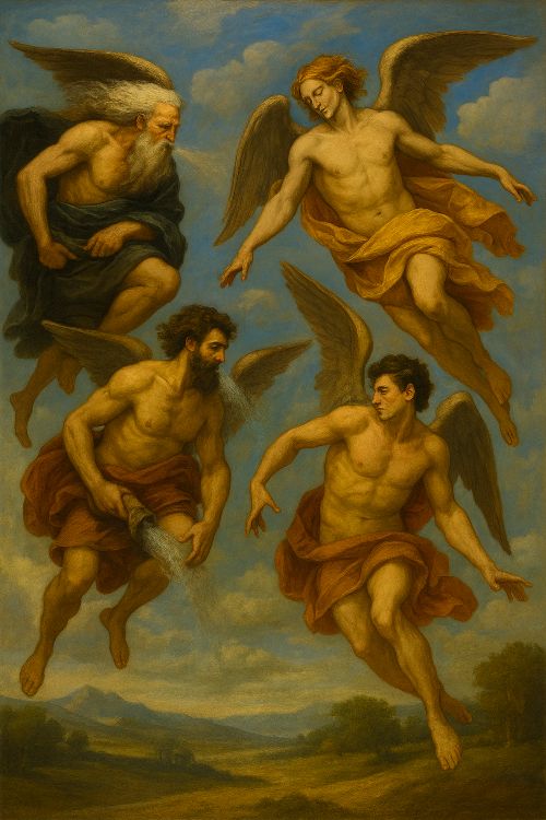 Anemoi. Cuatro dioses alados del viento, representados como figuras masculinas en vuelo, cada uno con atributos que evocan los puntos cardinales y los fenómenos atmosféricos que gobiernan