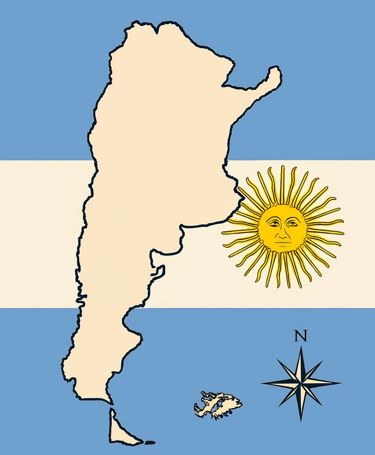 Mapa de Argentina sobre la bandera nacional, con las Islas Malvinas ubicadas al sureste y una rosa de los vientos a la derecha. El Sol de Mayo aparece en el centro de la franja blanca