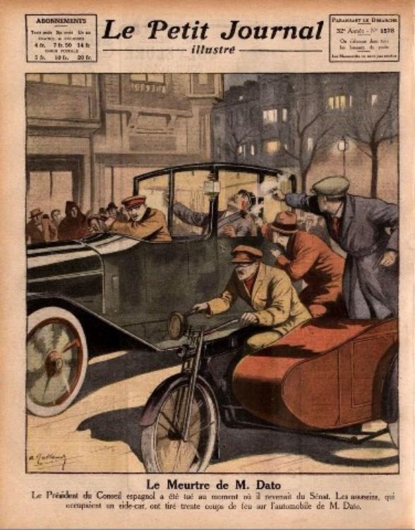 Mateu, Nicolau y Casanellas. Ilustración de 1921 del atentado contra Eduardo Dato en Madrid