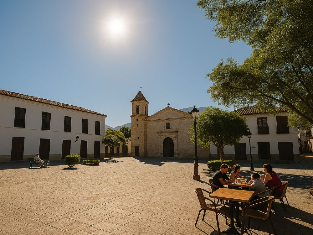 Plaza hispana iluminada por el sol del mediodía, con arquitectura tradicional, sombras intensas y personas almorzando al aire libre bajo árboles