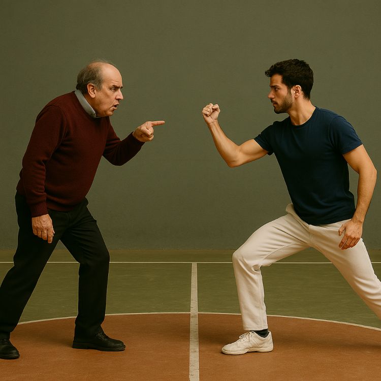 ¡No me rete! Dos hombres enfrentados en una cancha vacía: uno con gesto de enojo, el otro en postura de esgrima. Representan el doble sentido de “retar” en español.