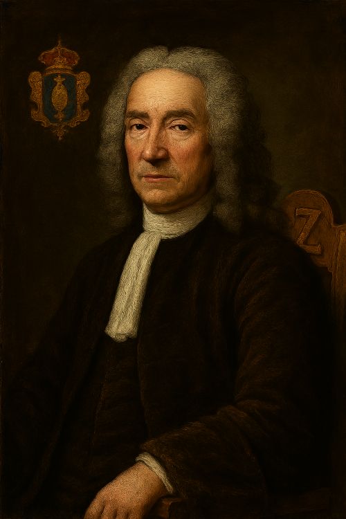Retrato ficticio de Pedro Scotti de Agóiz, académico fundador de la RAE, con peluca blanca, atuendo barroco y letra Z tallada en el respaldo de su silla