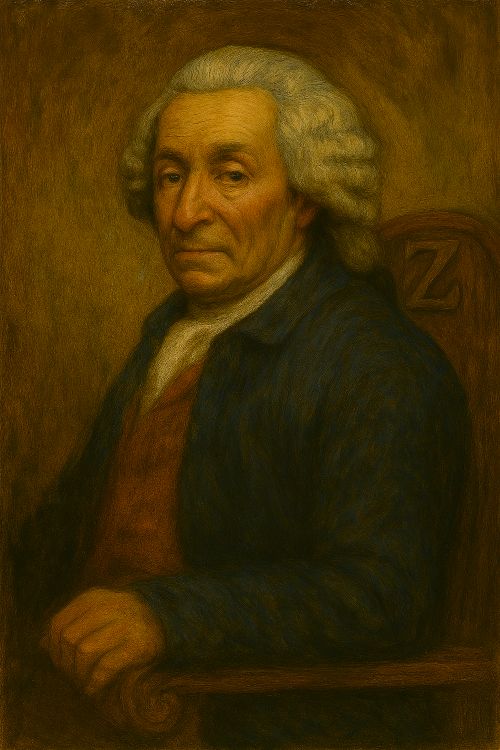 Retrato pictórico de Pedro de Silva, con peluca blanca y atuendo del siglo XVIII, sentado ante una silla de madera con la letra Z tallada en el respaldo, símbolo de su pertenencia a la Real Academia Española