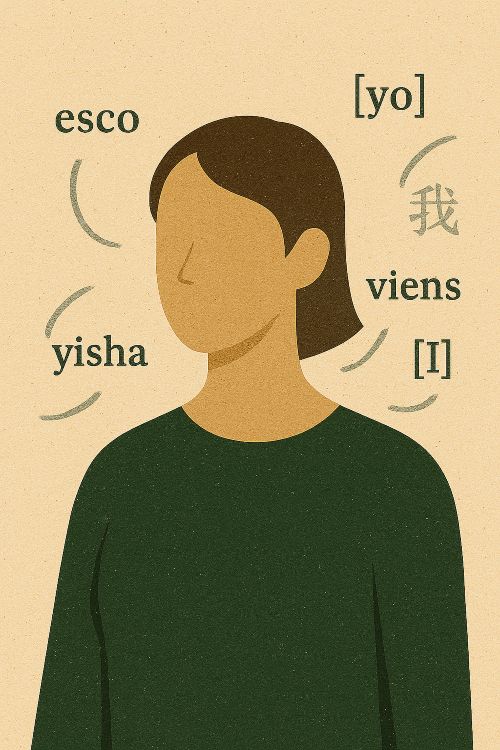 Ilustración de una mujer sin rostro rodeada de palabras en distintos idiomas que representan el sujeto “yo”, simbolizando la omisión del pronombre en lenguas pro-drop