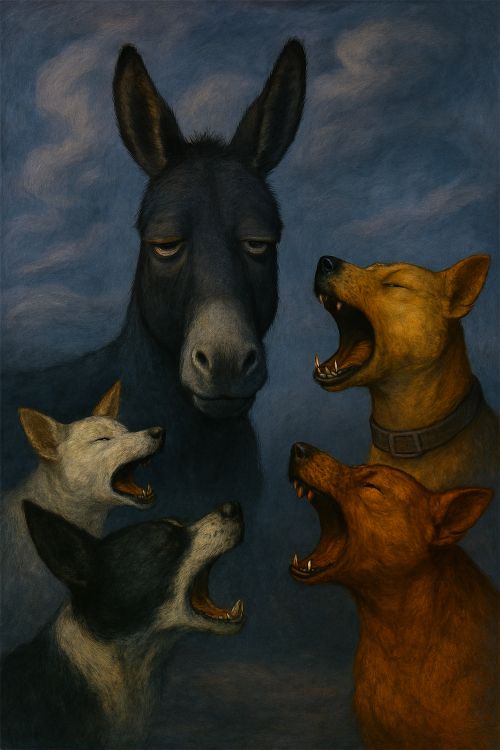 'Que no ladren los burros'. Un burro de expresión indiferente rodeado por cuatro perros que ladran con intensidad, en un paisaje surrealista de tonos fríos. El burro permanece impasible mientras los perros gesticulan con furia