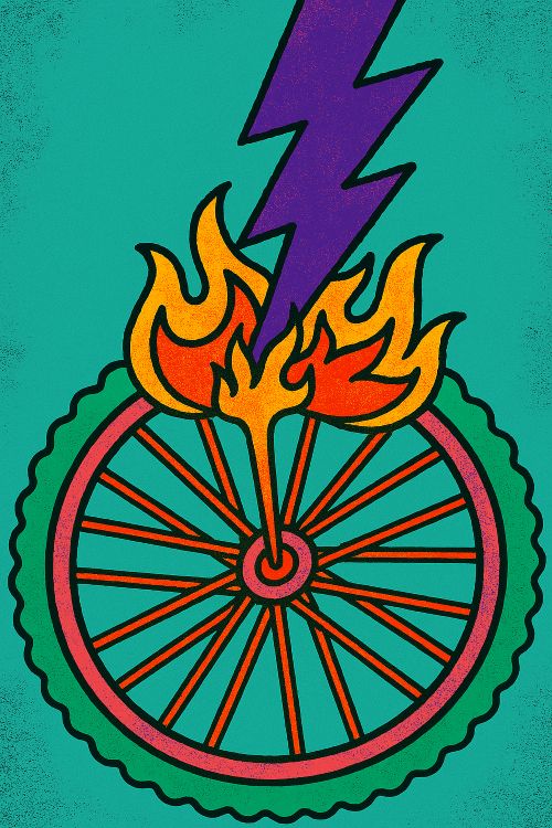 Un rayo púrpura cae sobre los radios de una bicicleta, provocando llamas absurdas