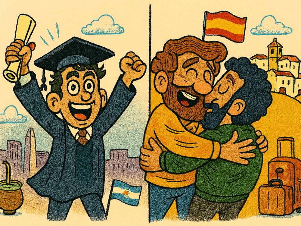 Recibirse. Escena dividida: a la izquierda, un joven argentino celebra su graduación universitaria; a la derecha, dos personas se abrazan en España como gesto de bienvenida