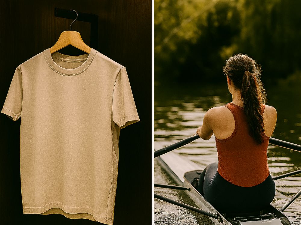 Imagen dividida: a la izquierda, una camiseta colgada en un armario (remera argentina); a la derecha, una mujer remando en un río (remera española)