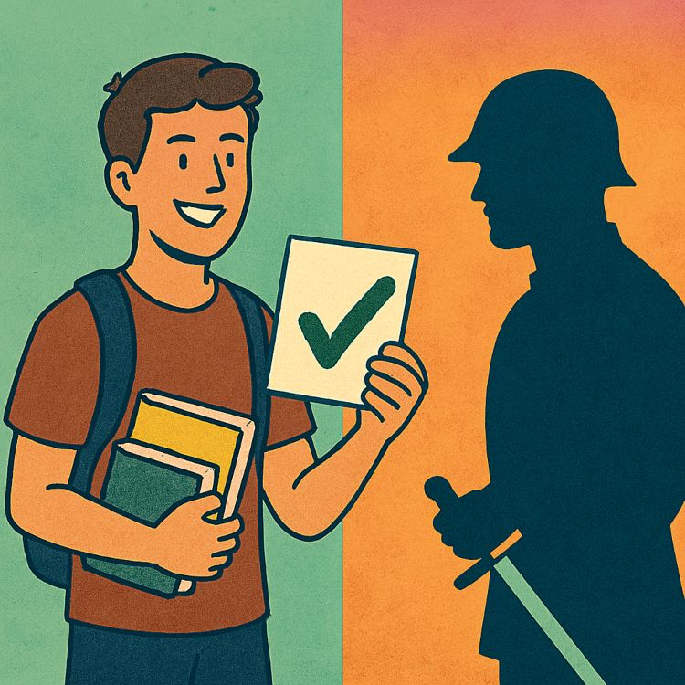 Rendir. Ilustración dividida: a la izquierda, un estudiante sonriente con libros y hoja de examen; a la derecha, un soldado con espada bajada sobre fondo naranja