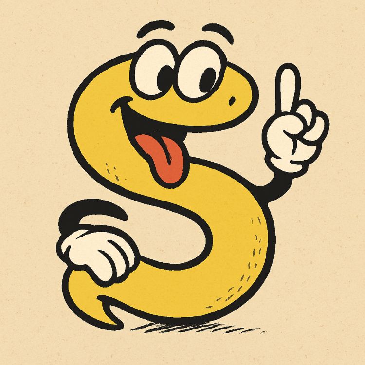 Caricatura de la letra S amarilla con ojos grandes, lengua afuera y guantes blancos, en pose divertida sobre fondo beige