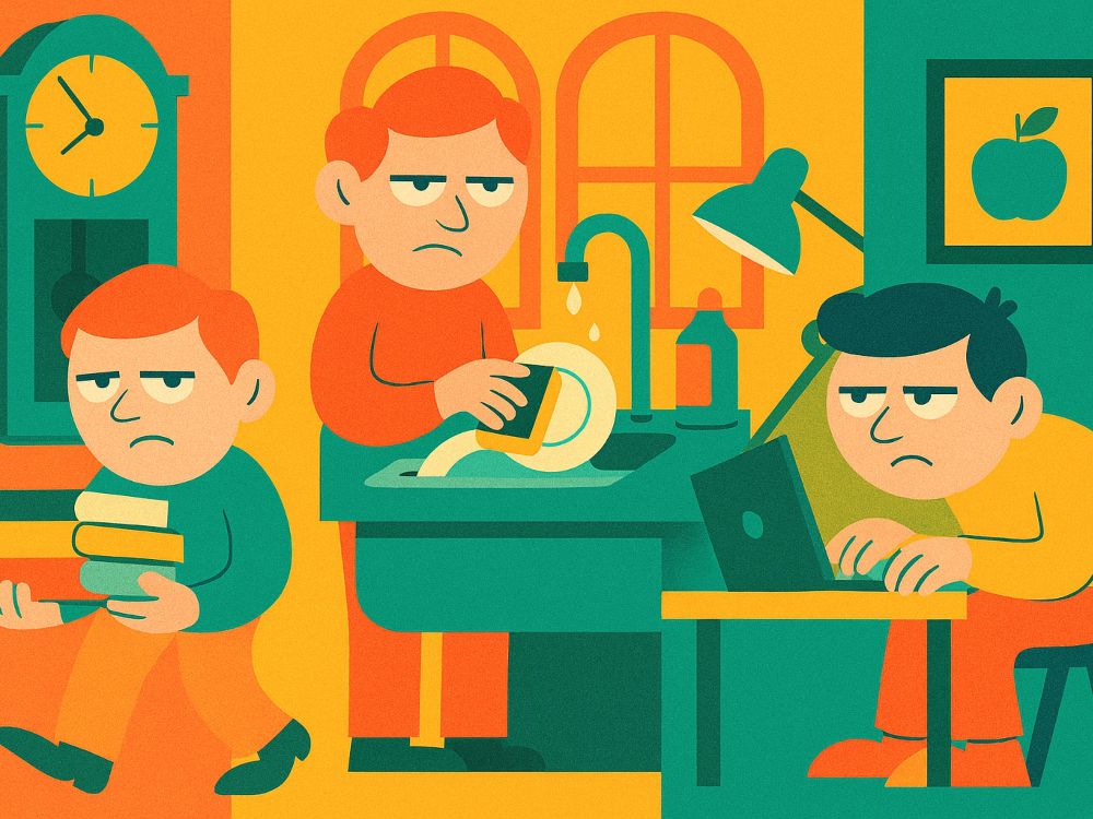 Tres samarugos en tareas domésticas, cada uno más despistado que el anterior