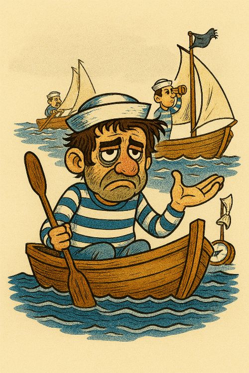 Sanselo. Marinero caricaturesco, abatido y torpe, a bordo de una pequeña barca mientras una flotilla organizada navega al fondo con rumbo claro
