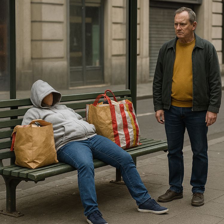 Individuo ocupando todo un banco público con bolsas y postura invasiva, mientras otra persona de pie la observa con incomodidad