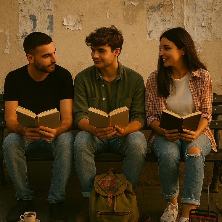 Serbocroata. Tres jóvenes sentados en un banco urbano al atardecer, cada uno con un libro abierto, rodeados de objetos culturales discretos, frente a una pared con carteles arrancados