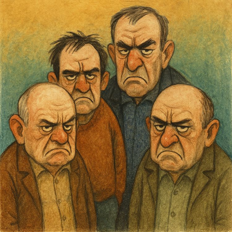 Sieso. Grupo de hombres mayores con expresiones hoscas y ceños fruncidos, retratados en estilo caricaturesco sobre fondo dividido en tonos cálidos y fríos