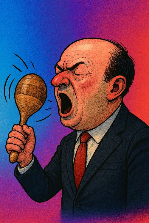 Caricatura de un hombre trajeado gritando a una maraca, con fondo degradado en tonos azul, púrpura y rojo
