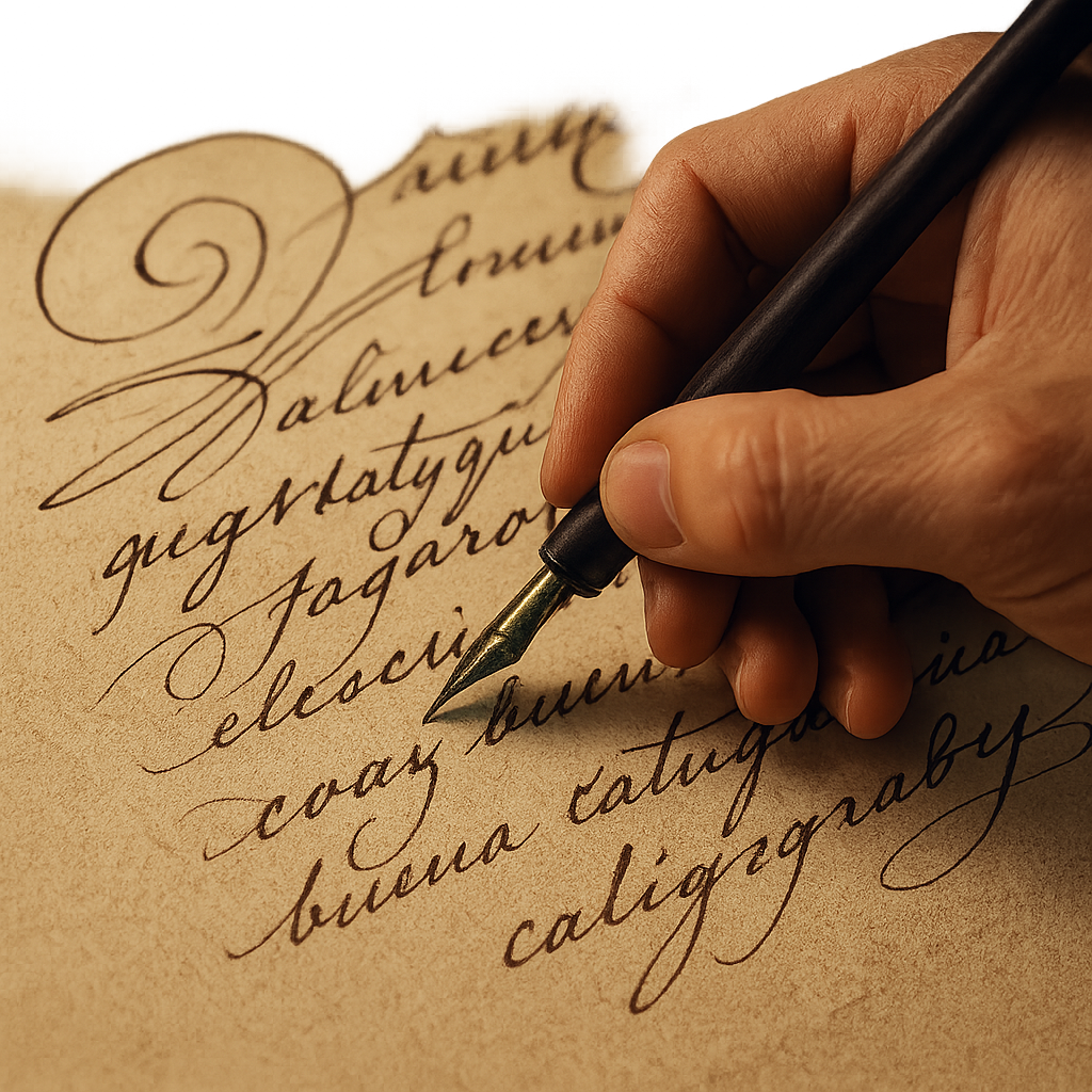 Tagarotear. Mano escribiendo con pluma estilográfica sobre papel antiguo con caligrafía elegante y trazos curvos