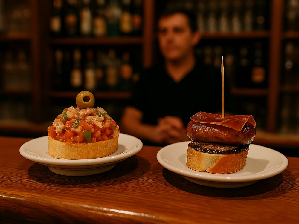 Una tapa y un pincho sobre la barra de un bar, con un camarero al fondo