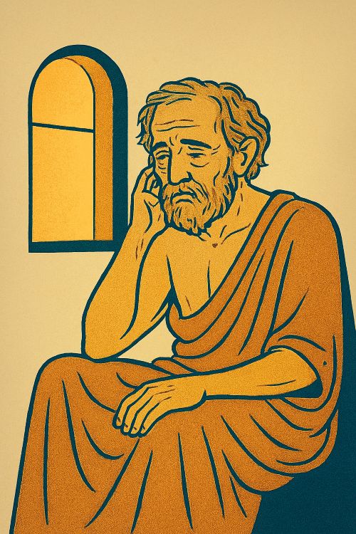 Titono. Ilustración de un anciano con expresión melancólica, sentado junto a una ventana por donde entra la luz del amanecer