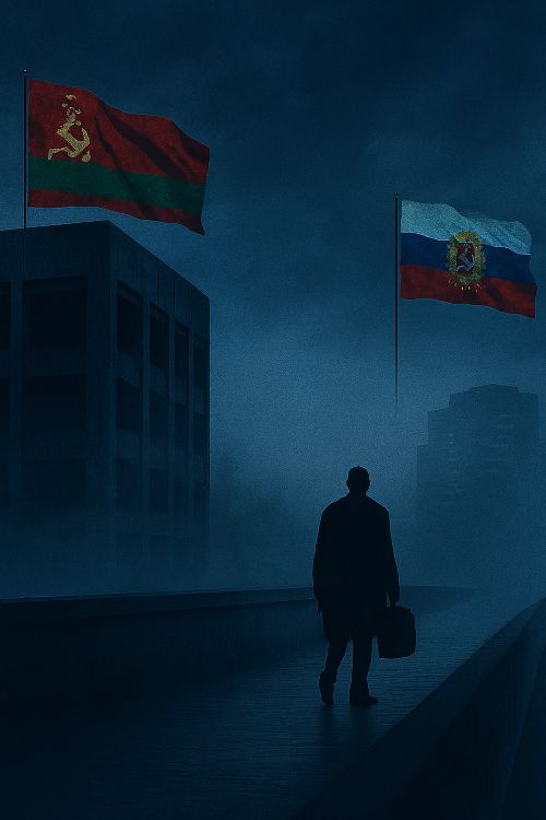 Figura solitaria cruza un puente entre arquitectura soviética y ciudad moderna, bajo niebla densa; a cada lado ondean las banderas de Transnistria y la República Moldava Pridnestroviana