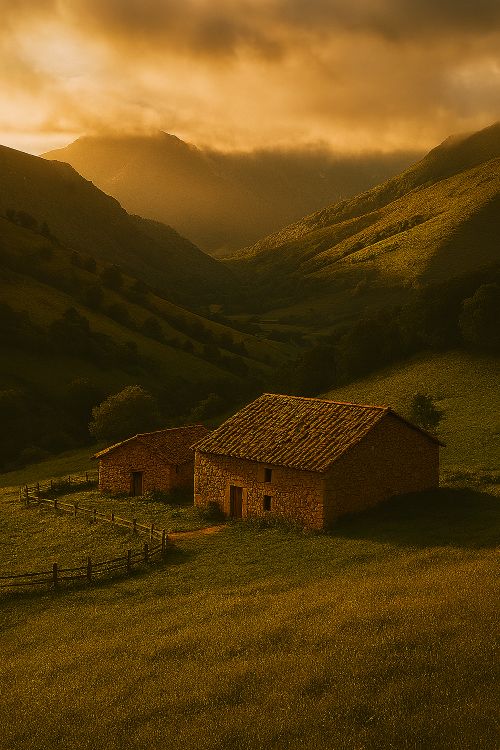 Vaqueiros de alzada. Caserío de piedra en valle asturiano al atardecer, rodeado de montañas, praderas verdes y luz dorada entre nubes