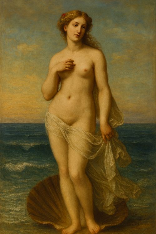 Afrodita Afrodita emerge desnuda sobre una concha en la orilla del mar, rodeada de luz dorada, con palomas y ramas de mirto como símbolos del amor y la fertilidad