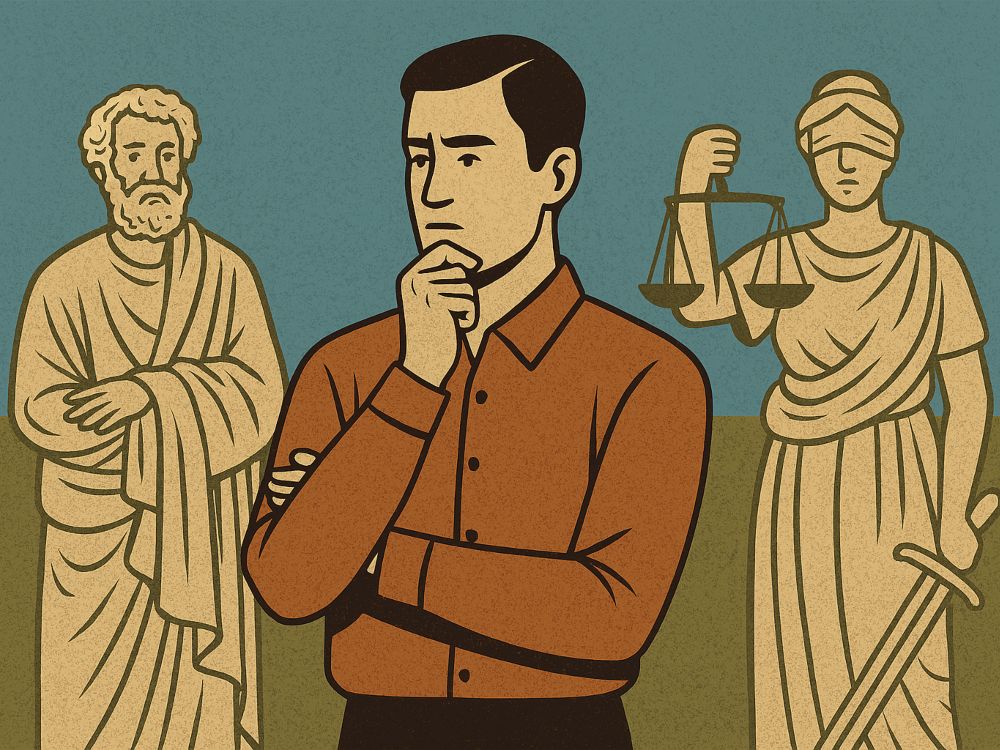 Anacronismo y presentismo Anacronismo y presentismo. Ilustración conceptual de un hombre contemporáneo reflexionando entre dos estatuas clásicas: un filósofo antiguo y la figura de la justicia, simbolizando el conflicto entre pasado y presente