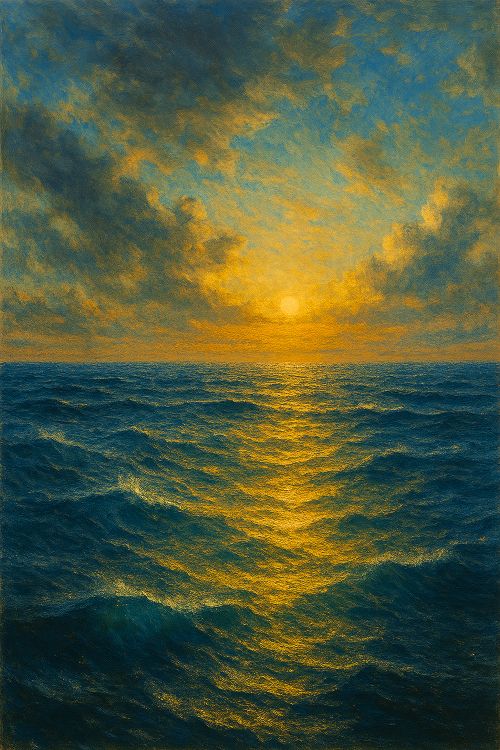 Imagen del océano Atlántico al amanecer, con aguas profundas y horizonte dorado, sin tierra ni figuras visibles