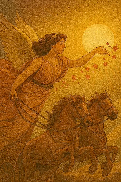 Aurora, diosa romana del amanecer, ascendiendo en su carro alado mientras esparce luz y flores sobre un cielo que se transforma del sueño a la vigilia