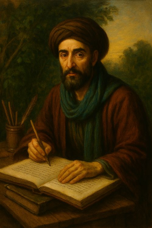 Retrato simbólico de Avempace, filósofo andalusí del siglo XI, escribiendo sobre un manuscrito árabe, rodeado de libros, instrumentos científicos y vegetación, con fondo arquitectónico que sugiere Zaragoza o Fez