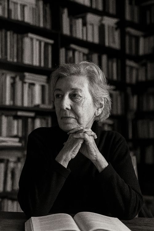 'Es fría la luz'. Imagen ficticia de Blanca Varela, en blanco y negro, pensativa, sentada ante un libro abierto, con fondo de biblioteca