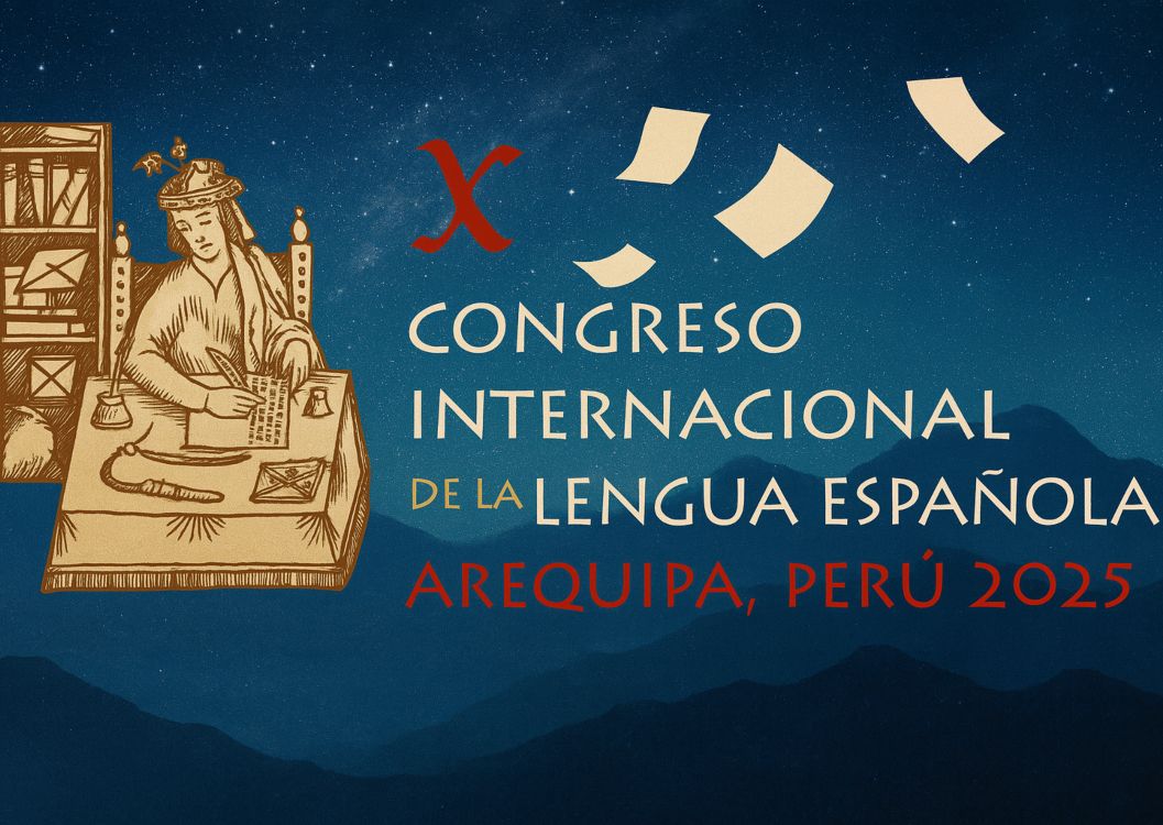 Ilustración del X Congreso Internacional de la Lengua Española (CILE) en Arequipa, con un sabio escribiendo bajo un cielo estrellado y hojas flotantes