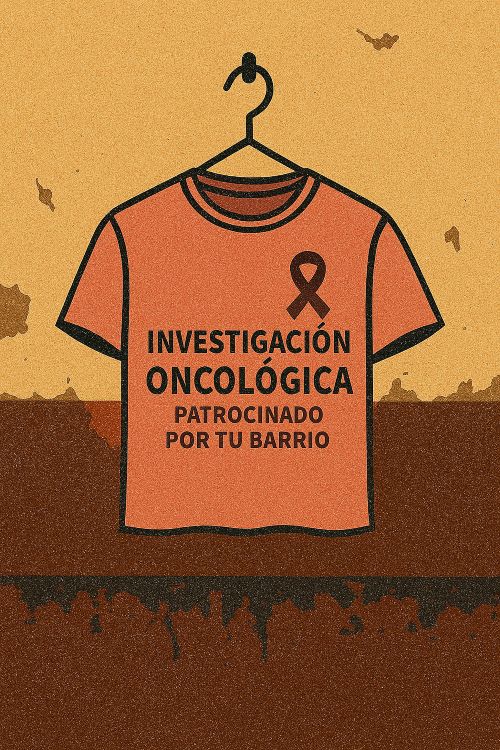 Cáncer Cáncer. Camiseta rosa colgada en una pared desconchada de hospital, con el mensaje “Investigación oncológica patrocinada por tu barrio”. La escena transmite abandono institucional y sarcasmo frente a la privatización sentimental de la ciencia médica