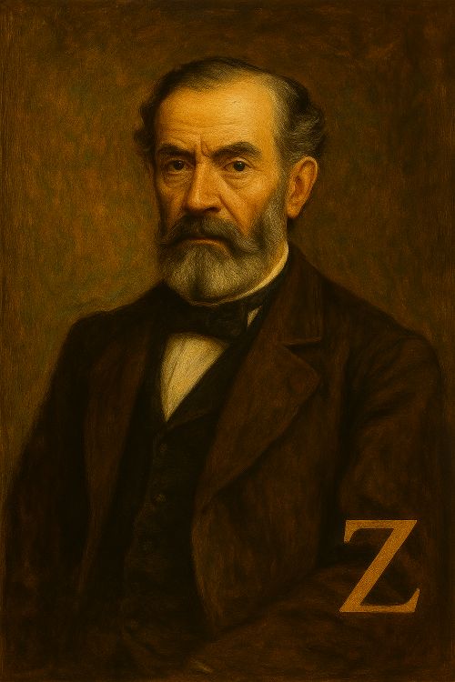Retrato al óleo de Cándido Nocedal, con barba gris, traje oscuro y la letra Z en el brazo, símbolo de su silla en la Real Academia Española