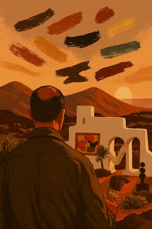 Ilustración simbólica de César Manrique de espaldas, contemplando el paisaje volcánico de Lanzarote al atardecer. A su alrededor flotan trazos pictóricos, esculturas abstractas y una arquitectura integrada en la roca. El cielo cálido y el mar evocan su visión artística como fusión entre arte y naturaleza