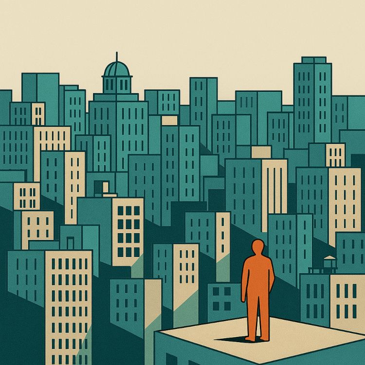 Citadino Citadino. Vista isométrica de una ciudad densa y estilizada, con edificios en tonos verdes y beige, y una figura humana solitaria en un tejado observando el paisaje urbano
