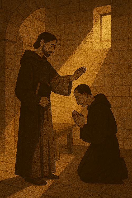 Escena medieval que representa el consolamentum cátaro: un Perfecto impone las manos sobre un creyente arrodillado en una cámara de piedra iluminada por una luz descendente