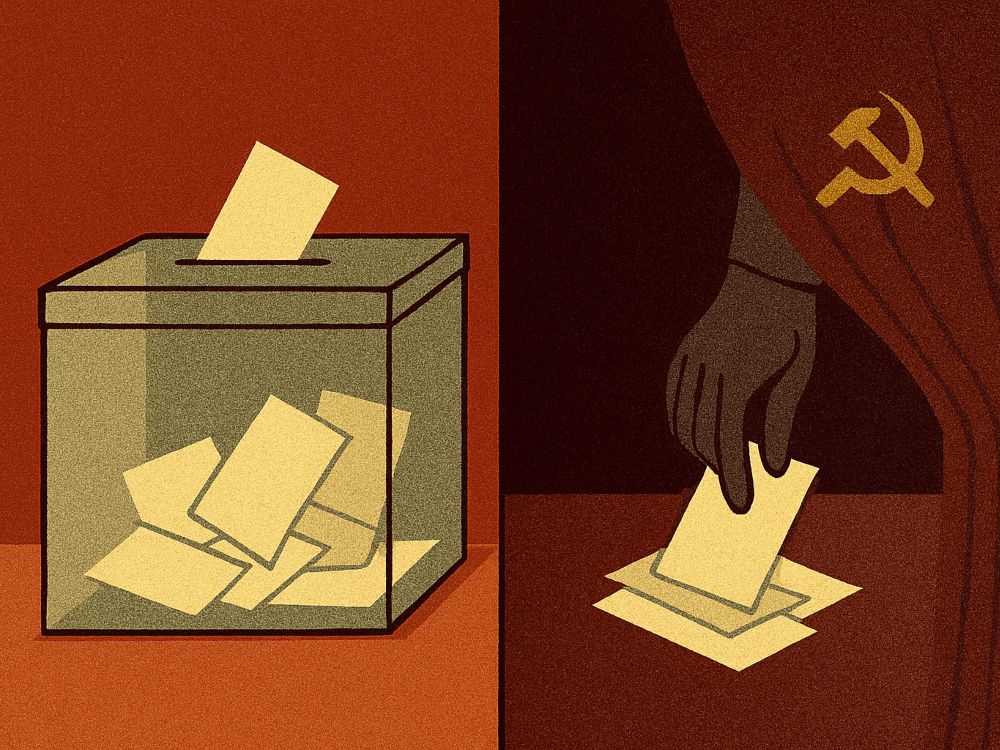 Contar votos Contar votos. Ilustración dividida en dos mitades: a la izquierda, una urna transparente recibe votos; a la derecha, una mano enguantada cuenta papeletas en penumbra, con el símbolo comunista bordado en la manga.